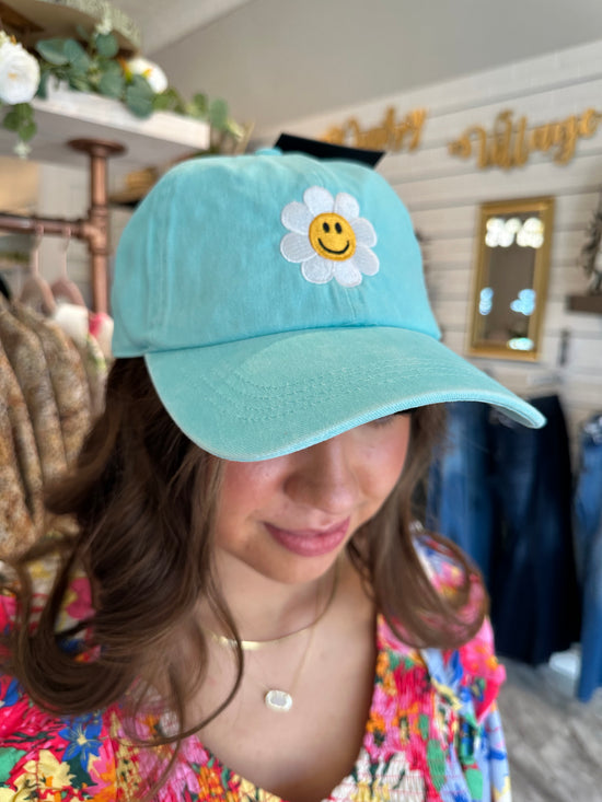Daisy Smile Embroidered Teal Cap