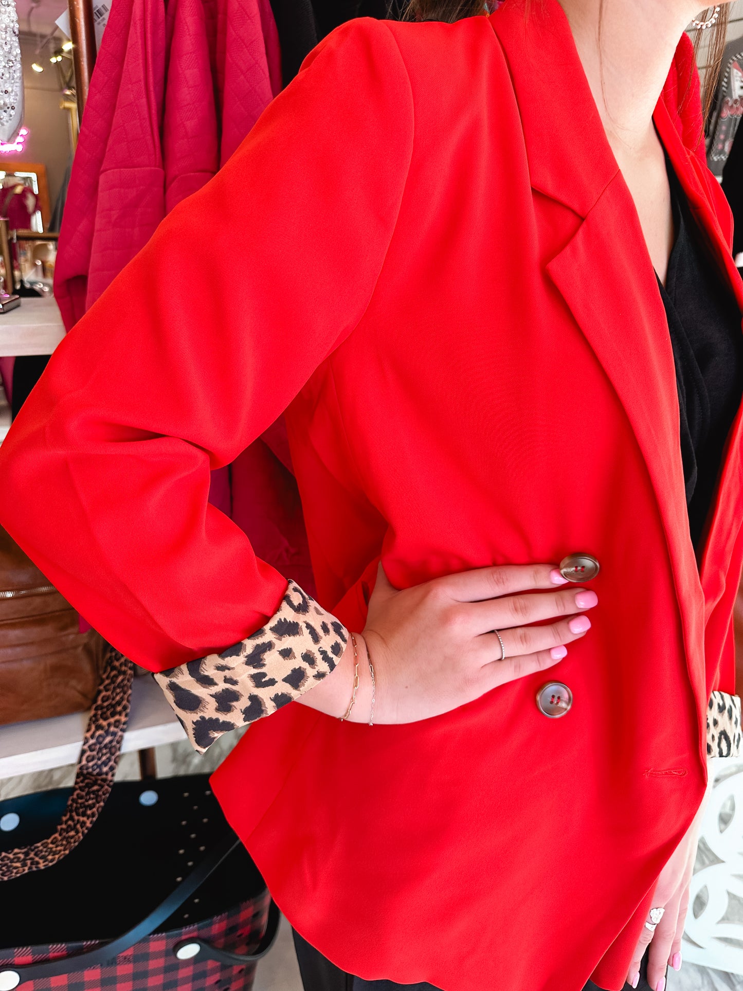 Load image into Gallery viewer, Double Down Double Button Leopard Cuff Red Blazer
