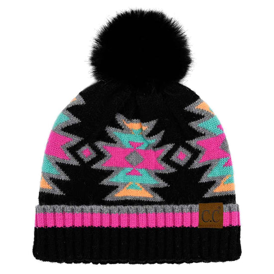 Load image into Gallery viewer, Neon Aztec Pattern Pom Beanie
