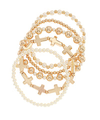 Cross & Pearl 5 Piece Stretch Bracelet Set