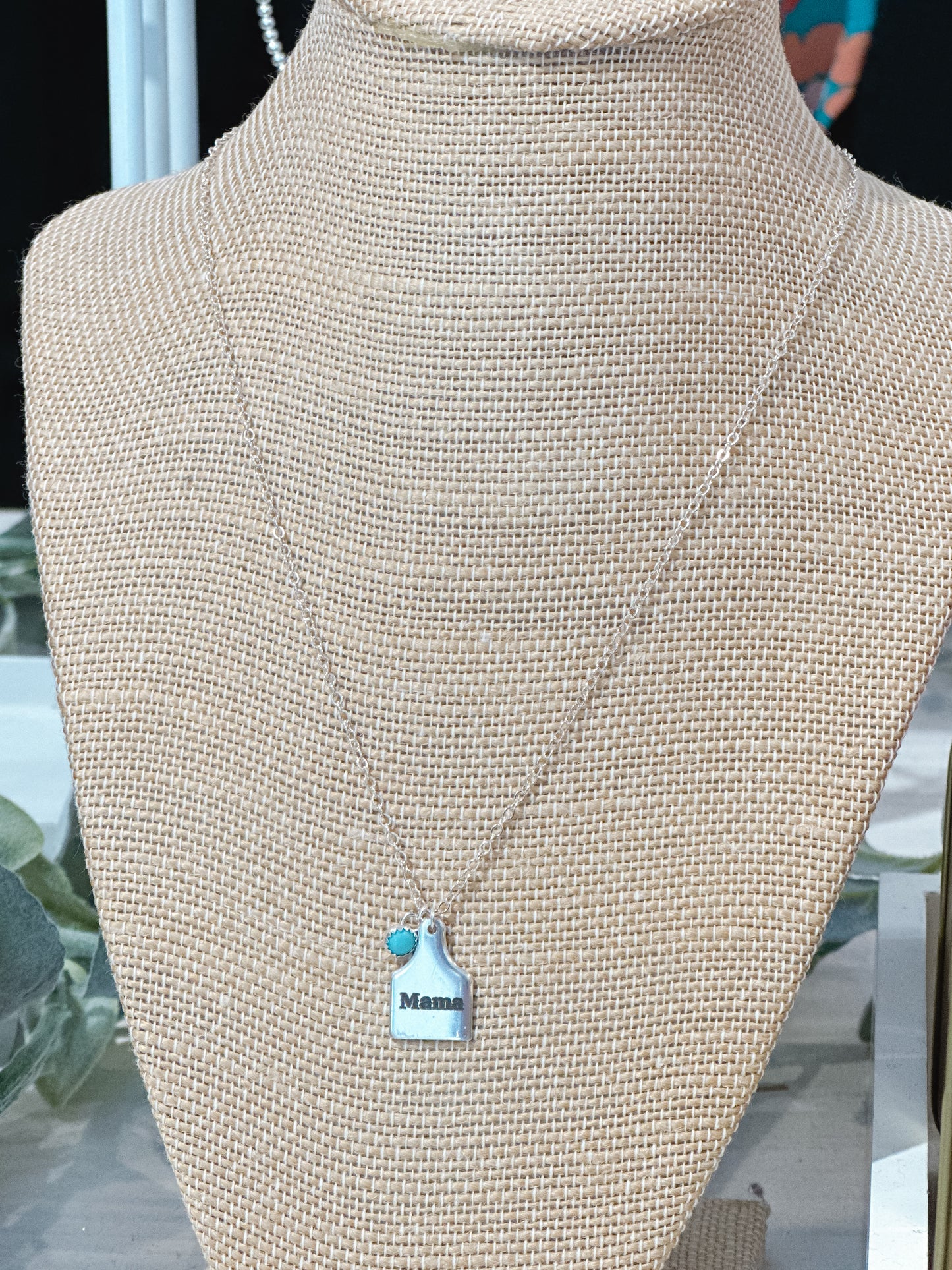 Mama Cattle Tag & Kingman Turquoise Sterling Silver Charm Necklace