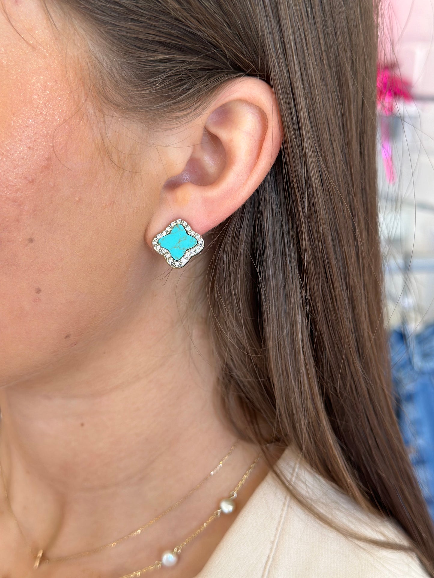 Clover Turquoise Crystal Stud Earrings