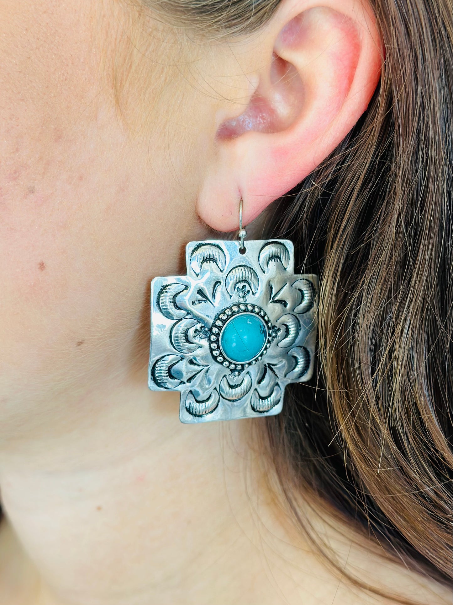 Turquoise Concho Cross Statement Earring