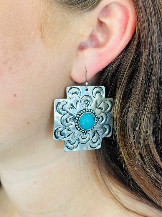 Turquoise Concho Cross Statement Earring