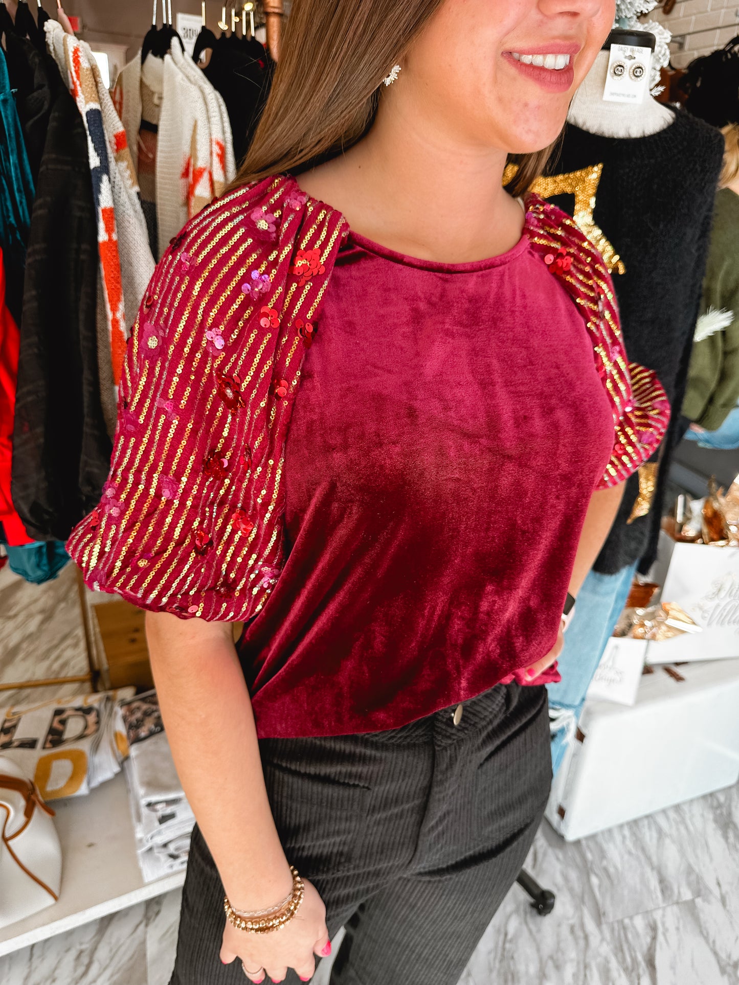 Cheers Velvet & Sequin Wine Top