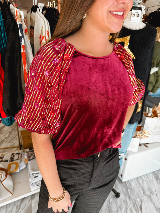 Cheers Velvet & Sequin Wine Top