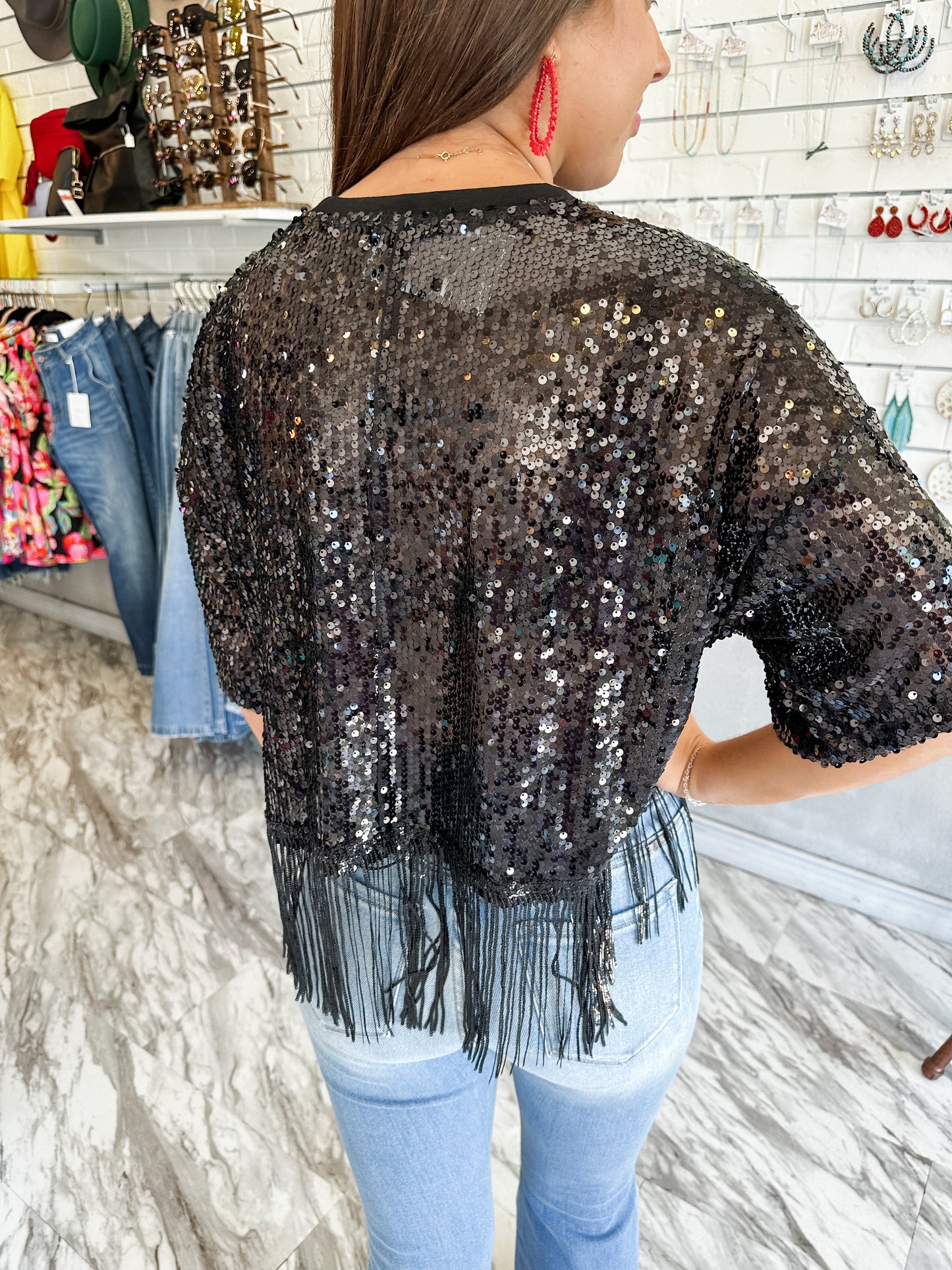 Game Day Chic Black Sequin Fringe Top