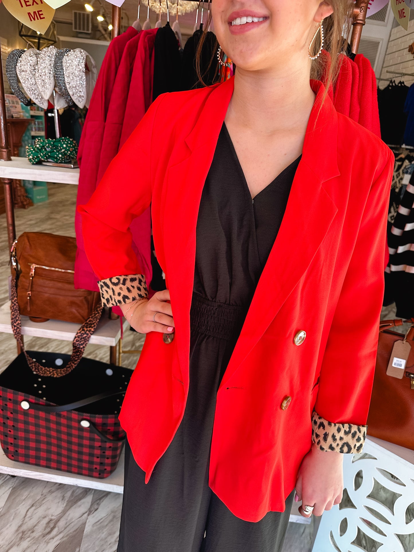 Load image into Gallery viewer, Double Down Double Button Leopard Cuff Red Blazer
