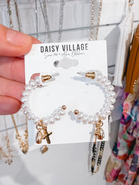 Cross Stone Cluster Charm Pearl Beaded Hoop Earrings