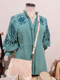 Hazel Tribe Lagoon Embroidered Sleeve Top
