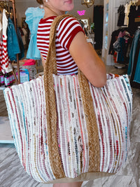 Oversized Boho Woven Striped Carryall Shoulder Tote Bag