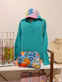Minted Waffle Knit Polo Pullover