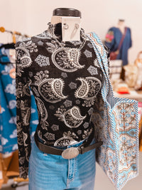 Western Paisley Mesh Long Sleeve Top
