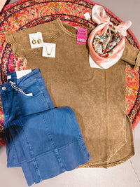 Sure Thing Washed Top Cuff Sleeve Top in Olive