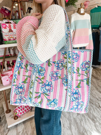 Peony Pink Stripe Quilted Reversible Tote Bag