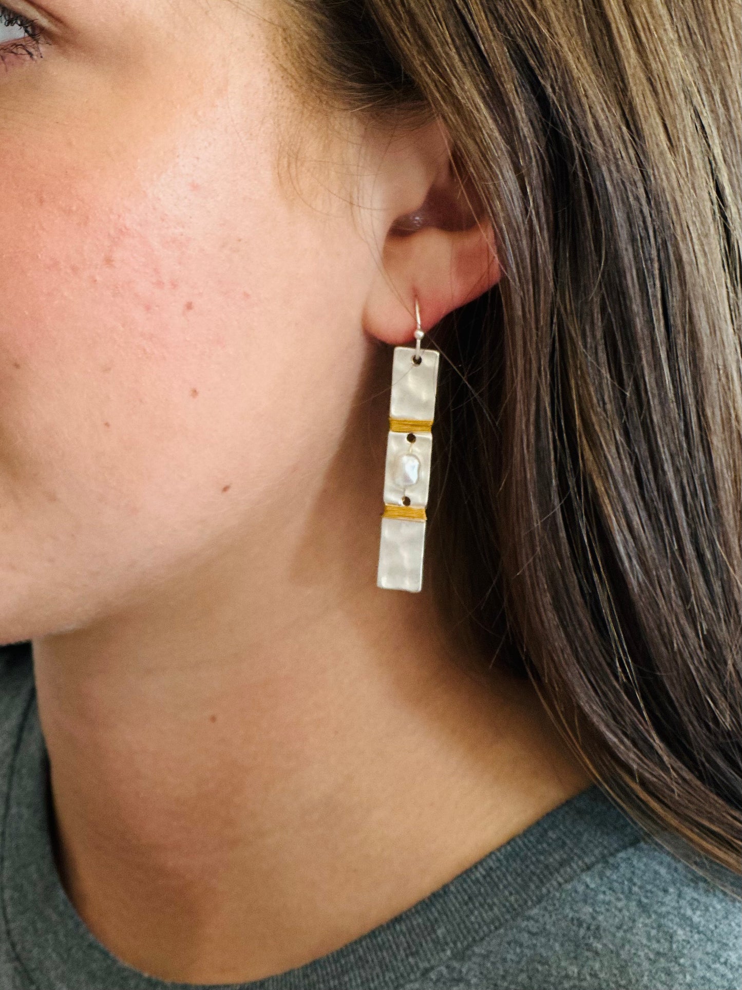 Hammered Pearl Bar Earrings