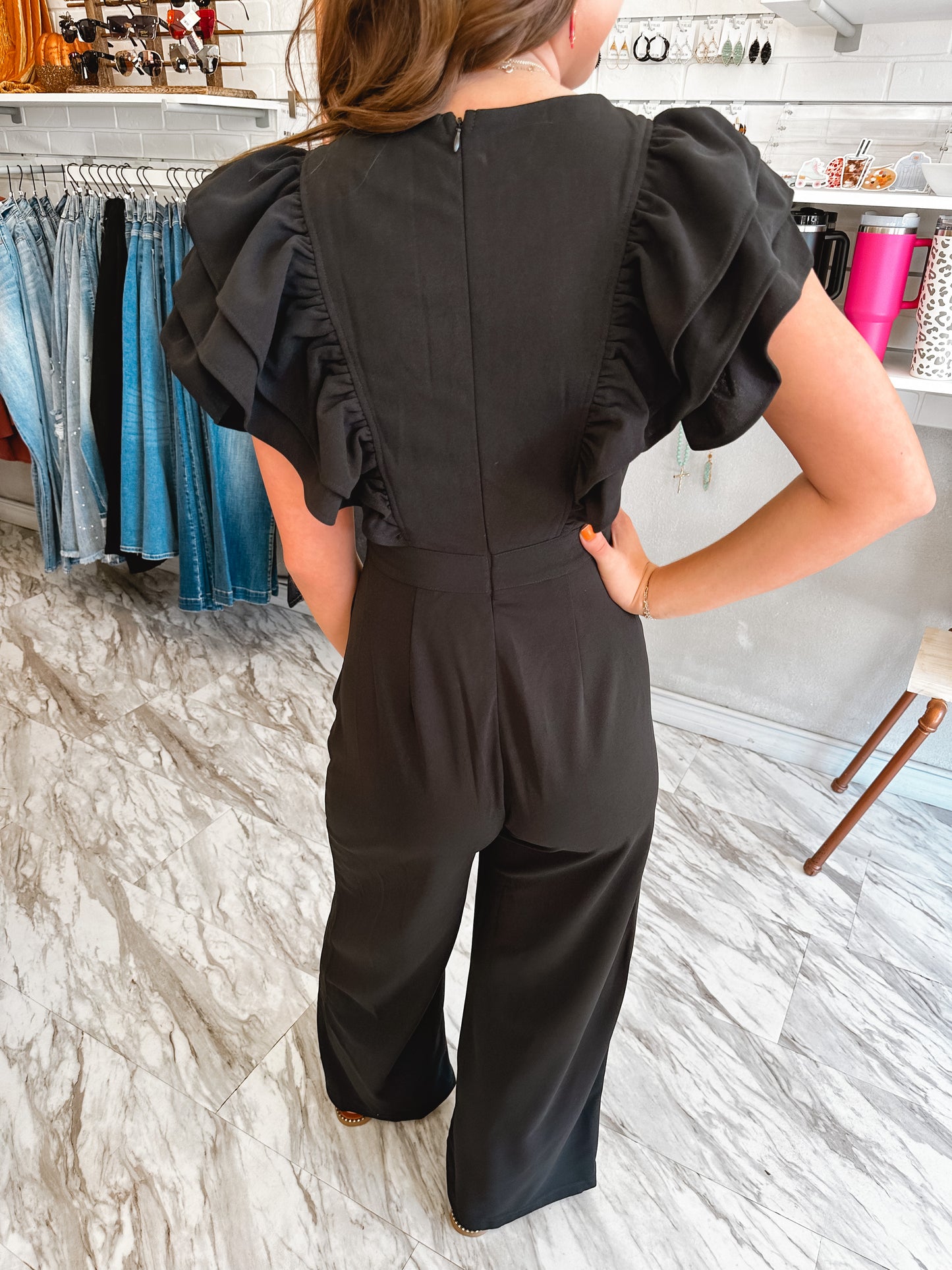 Load image into Gallery viewer, Effortless Shoulder Frill Black Jumpsuit
