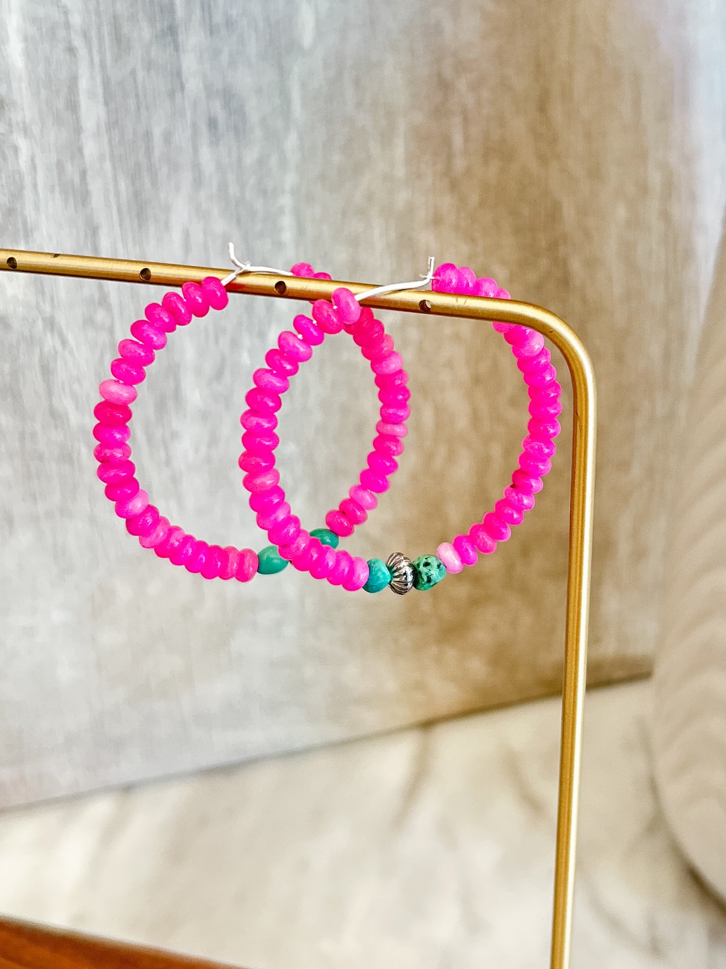 Load image into Gallery viewer, Dolly Hot Pink Quartz, Kingman Turquoise &amp;amp; Navajo Pearl Sterling Silver Hoop Earrings
