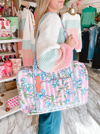 Peony Pink Stripe Print Quilted Weekender Duffle Bag
