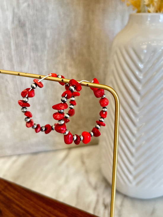 Dolly Red Coral & Navajo Pearl Sterling Silver Hoop Earrings