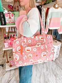 Pink Cherries & Bows Print Quilted Weekender Duffle Bag
