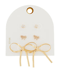 Bow & Crystal Stud 3 Piece Earring Set