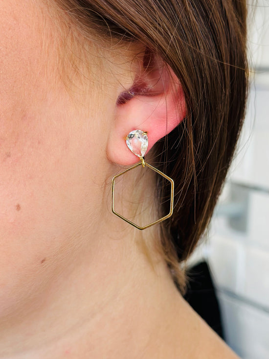 Crystal Gold Dipped Hexagon Drop Earrings