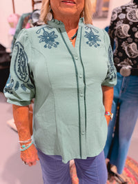 Hazel Tribe Lagoon Embroidered Sleeve Top