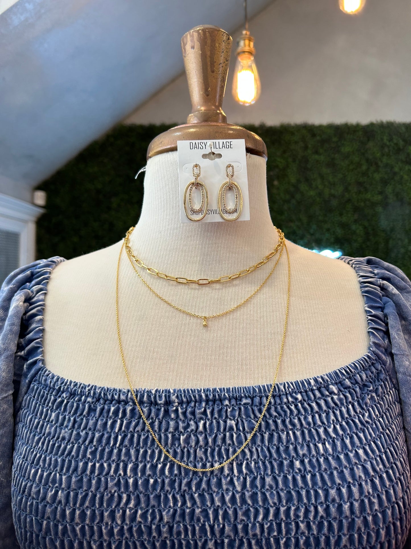 3 Layer Rhinestone CZ Pendant & Paperclip Necklace