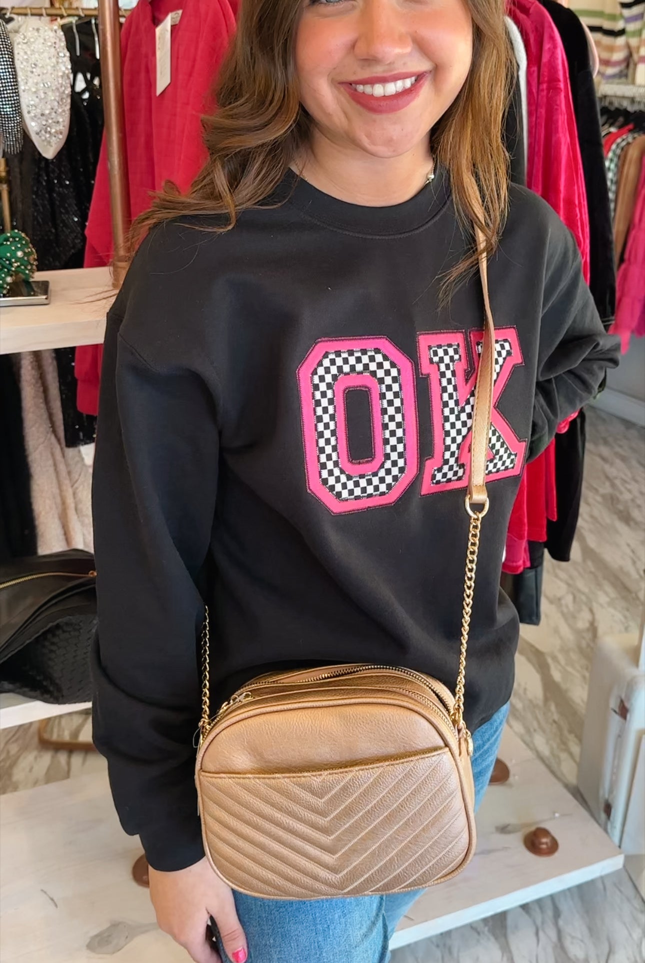 Load image into Gallery viewer, Oklahoma Pink Checkered Patch Black Sweatshirt
