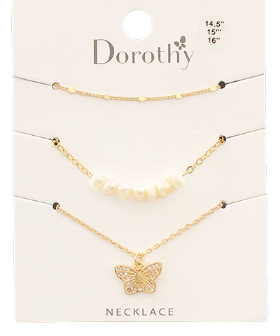 Butterfly & Pearl Triple Necklace Set