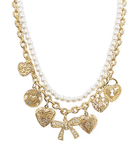 Pearl & Bow 3 Layered Charm Necklace