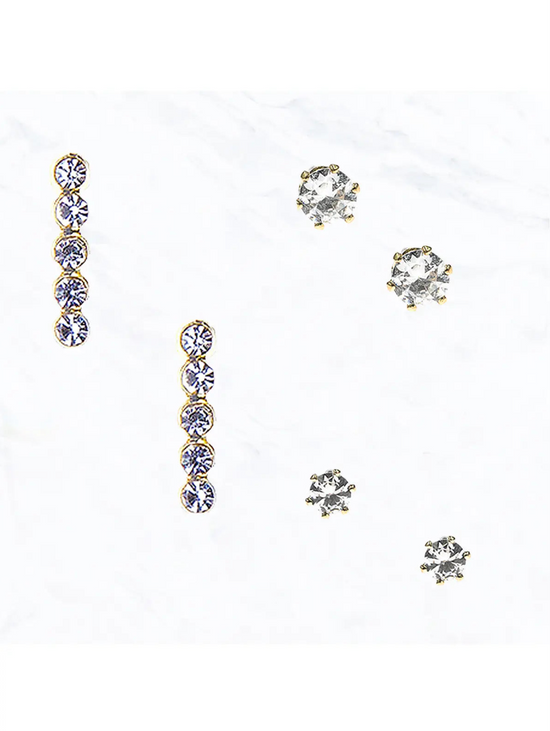 3 Piece CZ Crystal & Bar Stud Earring Set