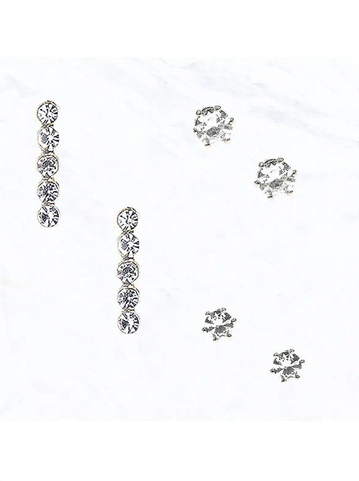 3 Piece CZ Crystal & Bar Stud Earring Set