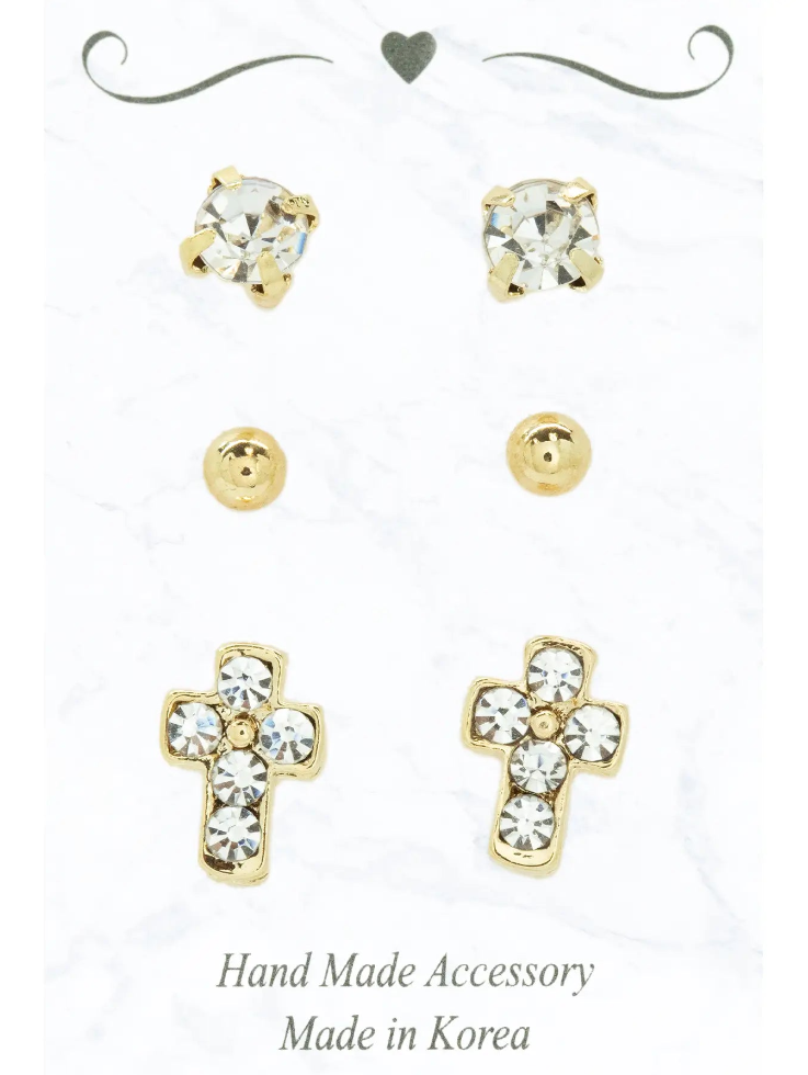 3 Piece Crystal & Cross Stud Earirng Set