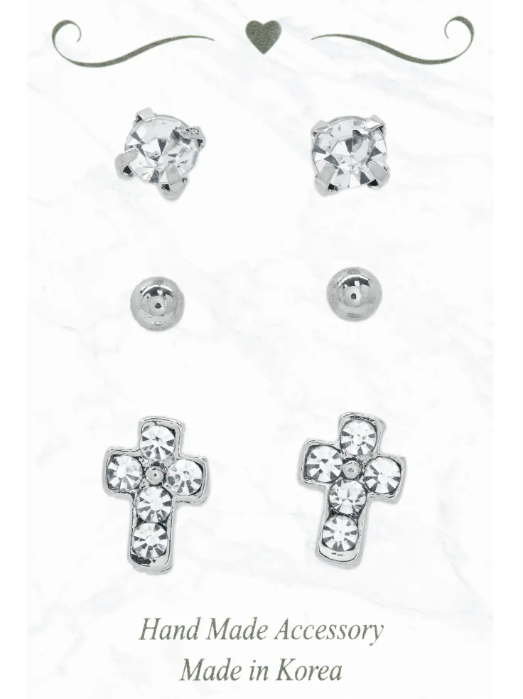 3 Piece Crystal & Cross Stud Earirng Set