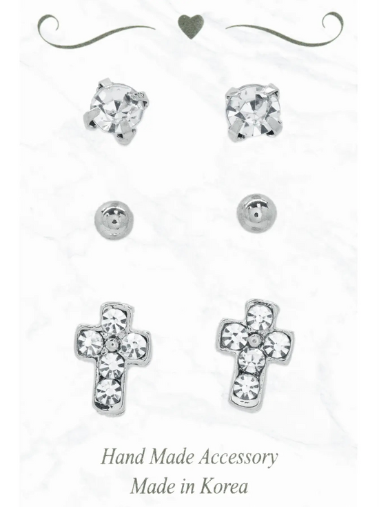 3 Piece Crystal & Cross Stud Earirng Set