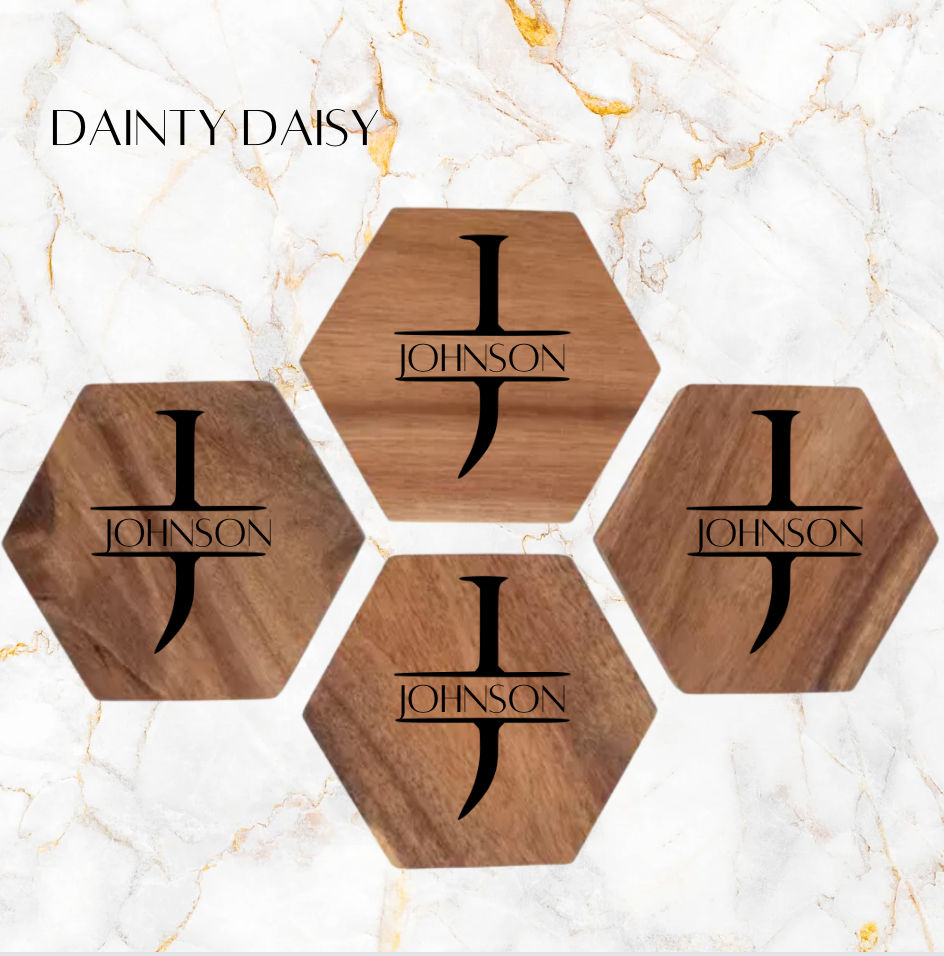 Custom Hexagon Acacia Wood Coaster Set