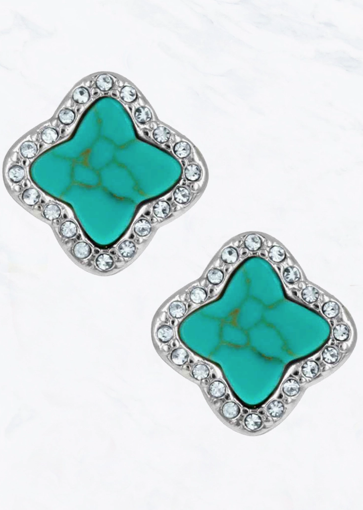 Clover Turquoise Crystal Stud Earrings