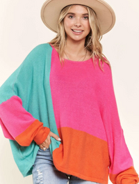 Taken Hot Pink & Teal Colorblock Relaxed Sweater