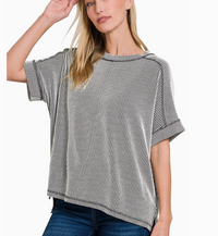 Weekend Get Together Ribbed Short Sleeve Black White Top