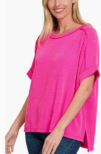 Weekend Get Together Ribbed Short Sleeve Hot Pink Top