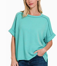 Weekend Get Together Ribbed Short Sleeve Turquoise Top