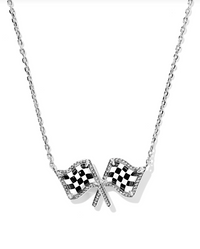 Checkered Flag Pendant Necklace in Silver White Mother of Pearl
