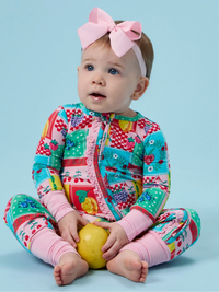 Softsnooze™ Baby Girls Bamboo Viscose Picnic Party Patchwork Convertible Ruffle One Piece Footie Pajama