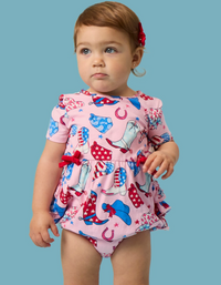 Baby Girls Pink Stars & Spurs Knit Short Sleeve Bow Bubble Romper