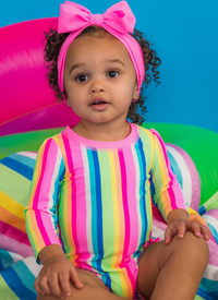 Baby Girls Neon Rainbow Stripe Long Sleeve One Piece Rash Guard Swimsuit
