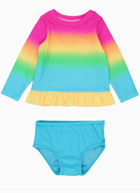 Girls Neon Sunset Long Sleeve Rash Guard 2-Piece Swimsuit with Signature Rear Ruffles