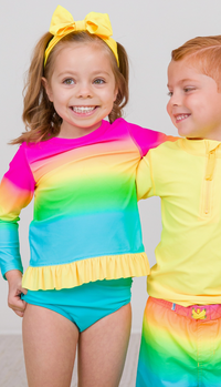 Girls Neon Sunset Long Sleeve Rash Guard 2-Piece Swimsuit with Signature Rear Ruffles