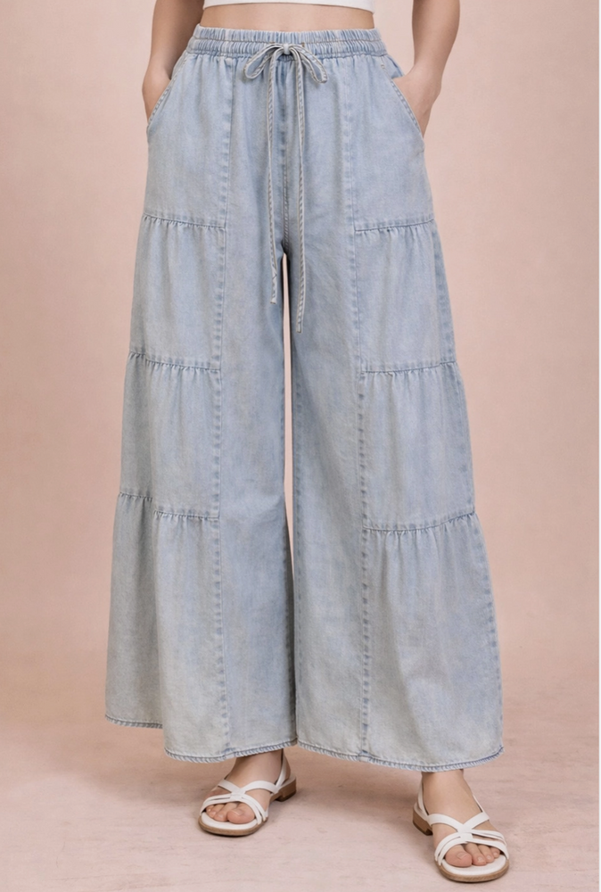 Wild Side Tiered Light Washed Chambray Denim Pants – Daisy Village